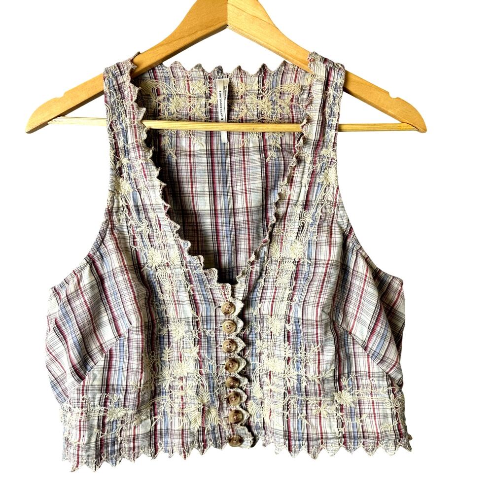Anthropologie plaid embroidered button-front cropped vest neutral tan Women’s 10